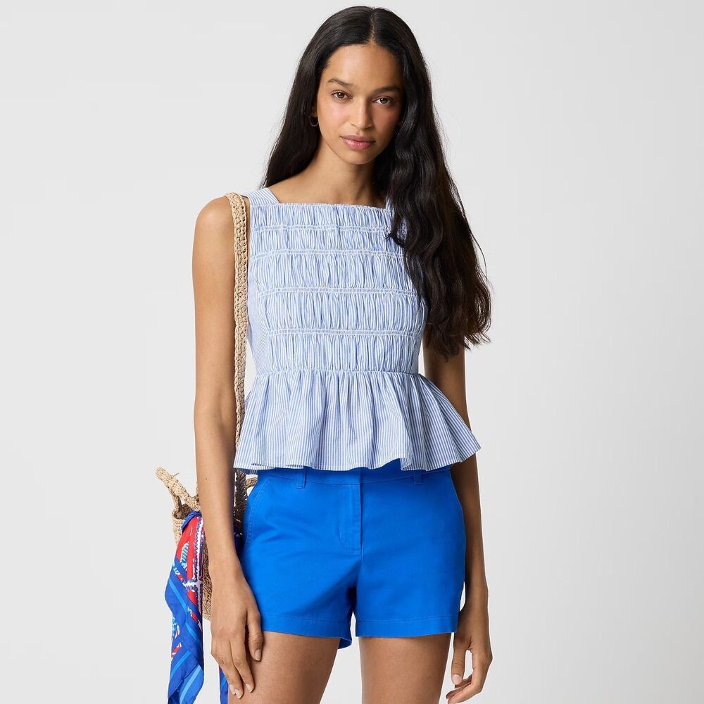 J.CREW Striped Smocked Top 4 Banker Blue Cropped Peplum Tank Square Neck NWT B7